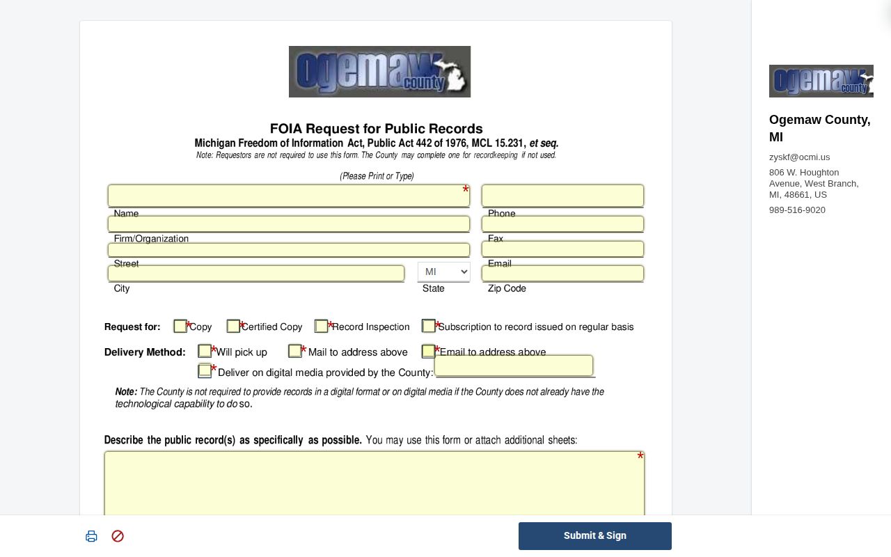 Ogemaw County FOIA form for arrest records