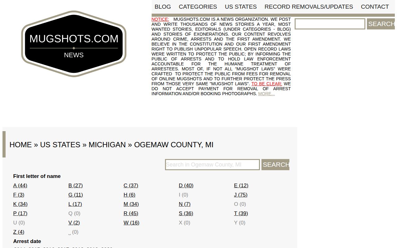 Historical unofficial Ogemaw County arrest index